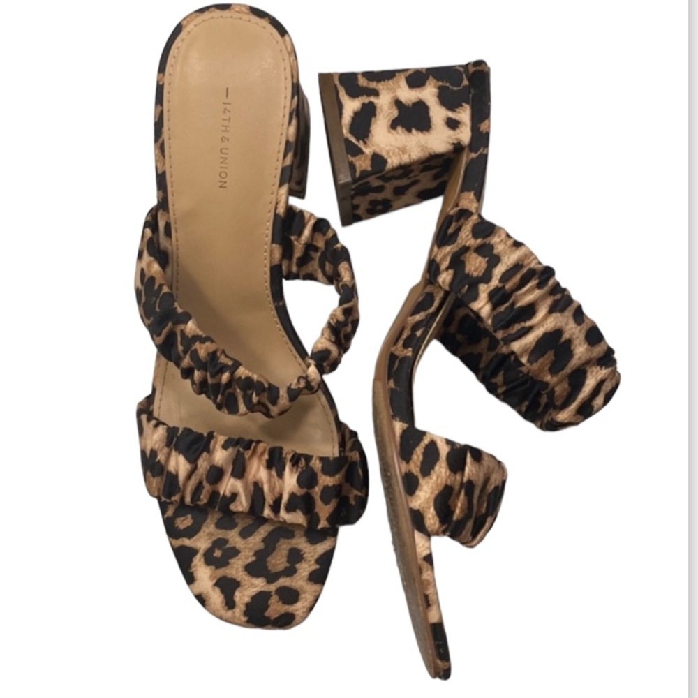 14th & Union NEW Zandal Scrunch Stretchy Straps Leopard Print Block Heel…